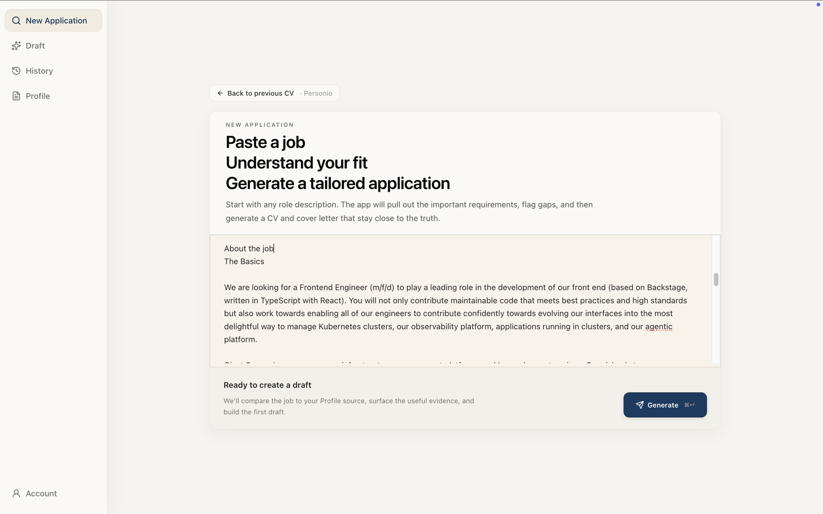 RolePilot new application screen with a pasted job description ready to generate